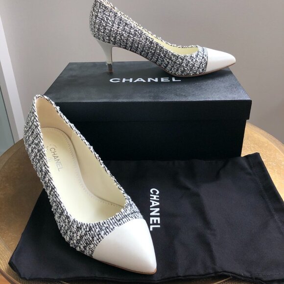 CHANEL Shoes - Chanel black white tweed leather heels metal logo pump